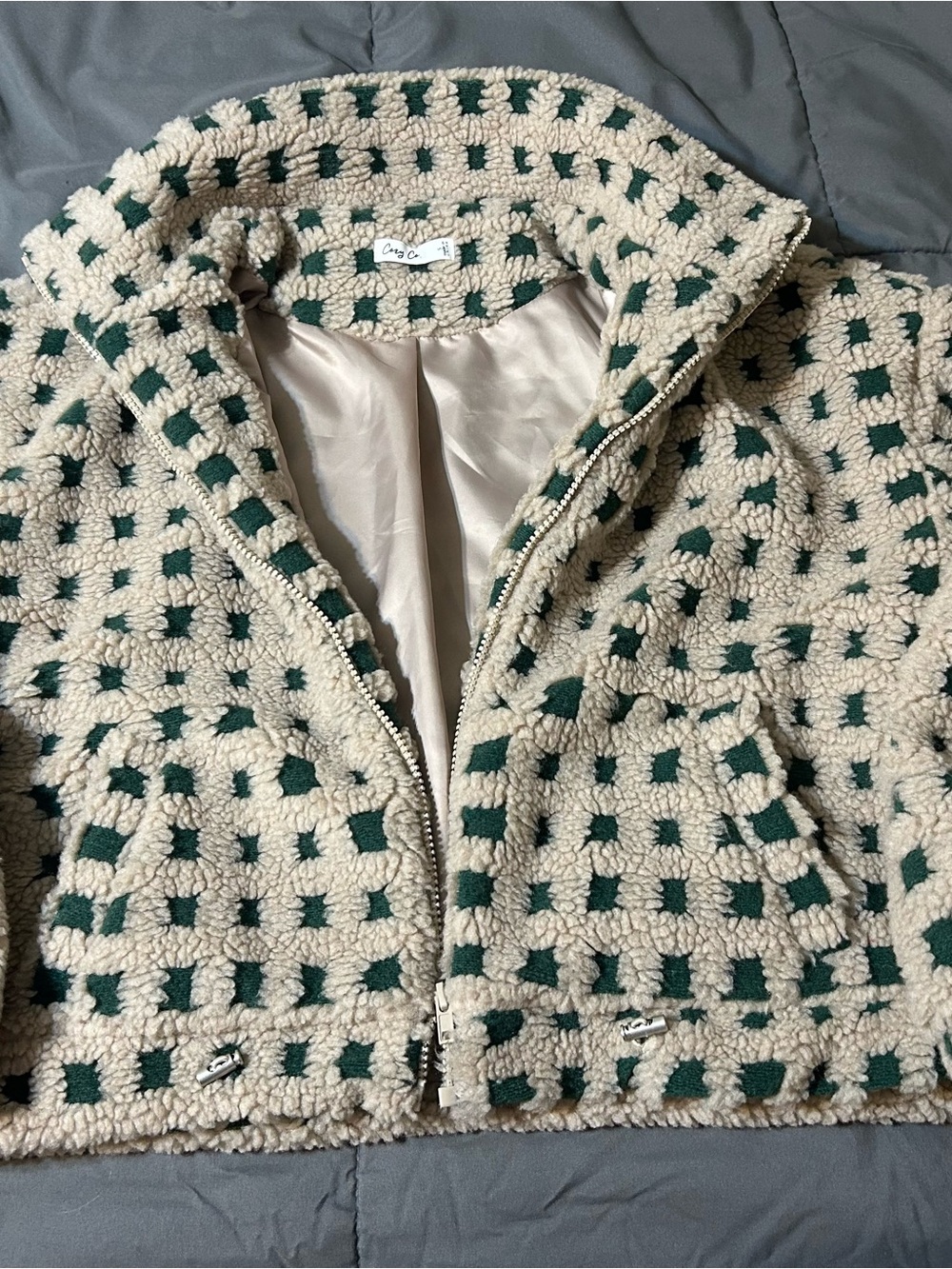 Cozy Co. Checked Sherpa Zip Jacket in Taupe and Dark Green